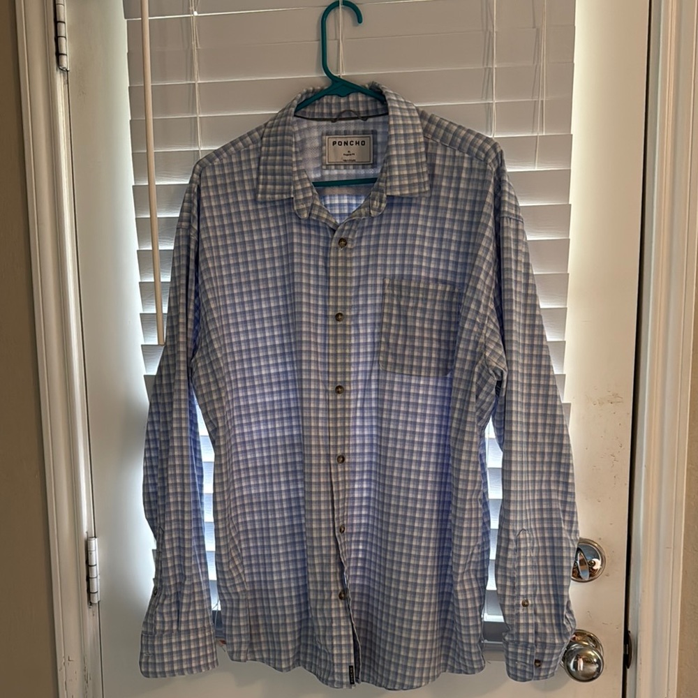 Casual Blue and White Checkered Button Down Shirt